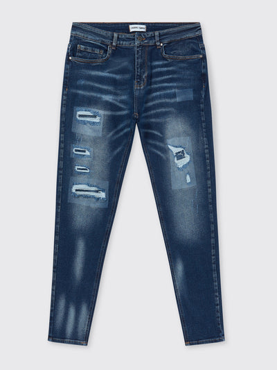 Navy Blue Slim Tapered Distressed Jeans